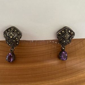 Judith Jack marcasite and amethyst pierced earrings